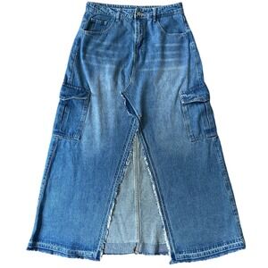 Y2K Midi A Line Jean Skirt L Blue Denim  Raw Hem Front Slit Distressed Grunge